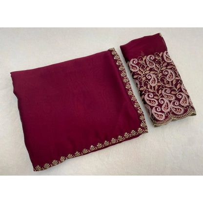 Women's Chiffon Embroidered Saree With Unstitched Blouse 5.5 Mtr�(Maroon)