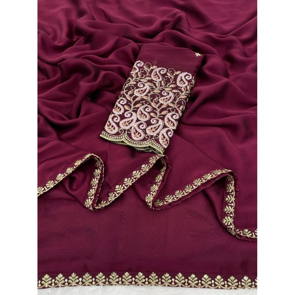 Women's Chiffon Embroidered Saree With Unstitched Blouse 5.5 Mtr�(Maroon)