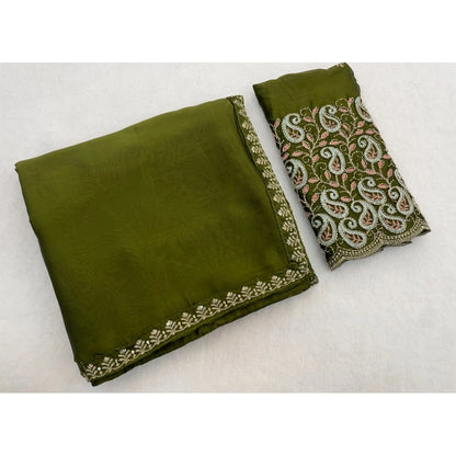 Women's Chiffon Embroidered Saree With Unstitched Blouse 5.5 Mtr�(Olive Green)