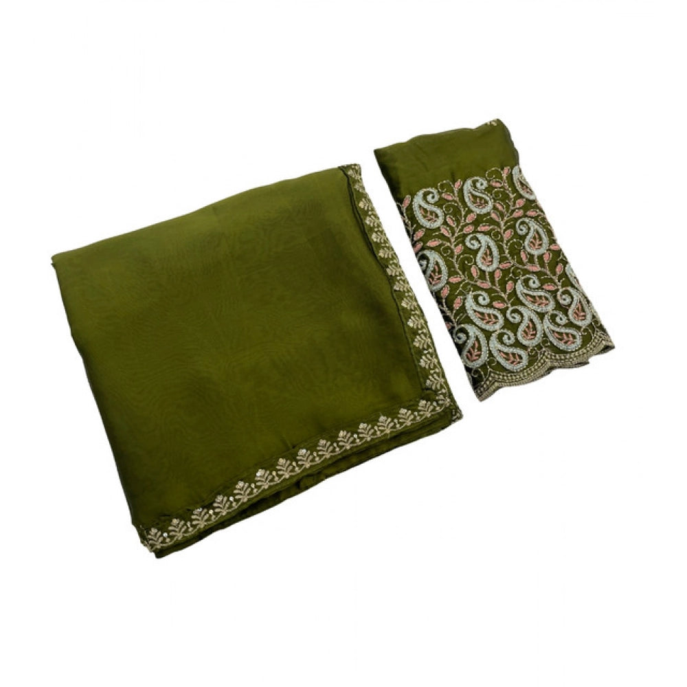 Women's Chiffon Embroidered Saree With Unstitched Blouse 5.5 Mtr�(Olive Green)