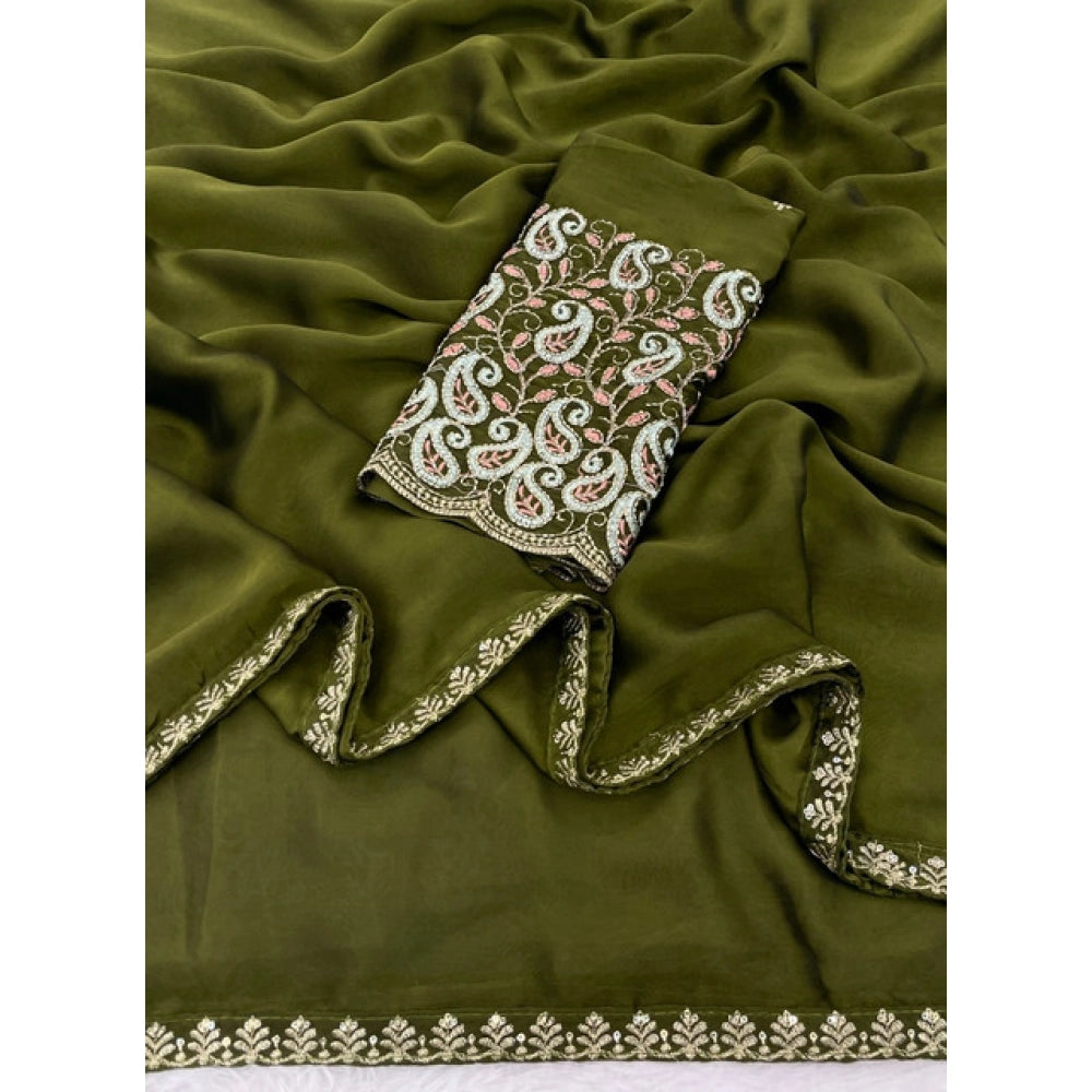 Women's Chiffon Embroidered Saree With Unstitched Blouse 5.5 Mtr�(Olive Green)