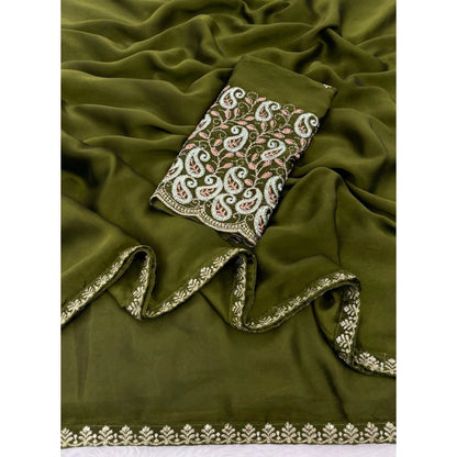 Women's Chiffon Embroidered Saree With Unstitched Blouse 5.5 Mtr�(Olive Green)
