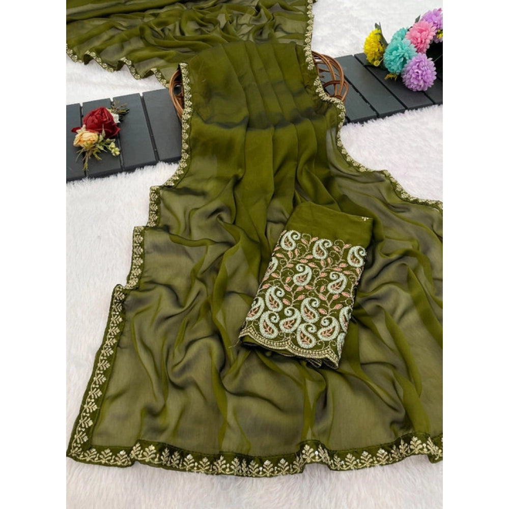 Women's Chiffon Embroidered Saree With Unstitched Blouse 5.5 Mtr�(Olive Green)