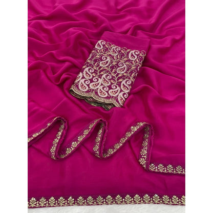 Women's Chiffon Embroidered Saree With Unstitched Blouse 5.5 Mtr�(Magenta)