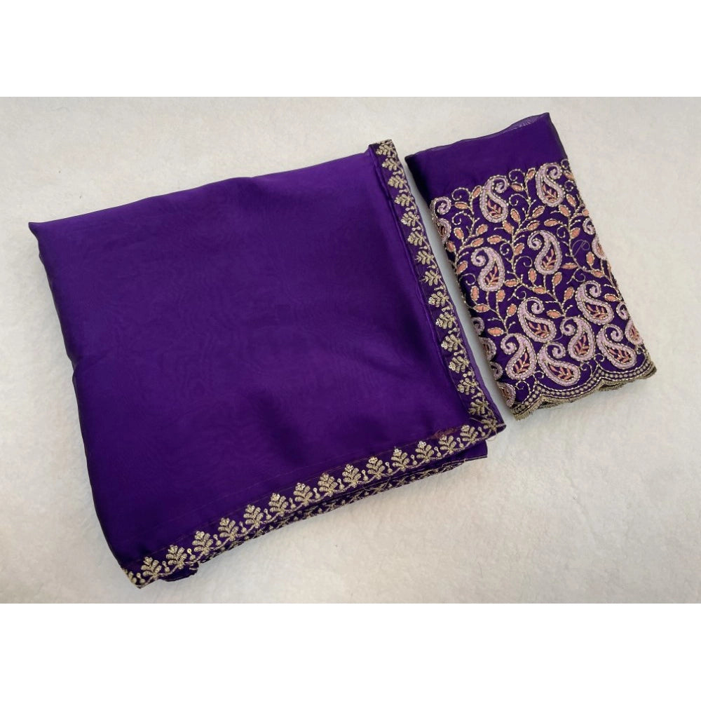 Women's Chiffon Embroidered Saree With Unstitched Blouse 5.5 Mtr�(Purple)