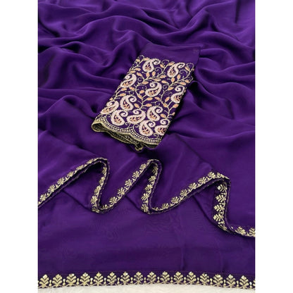 Women's Chiffon Embroidered Saree With Unstitched Blouse 5.5 Mtr�(Purple)