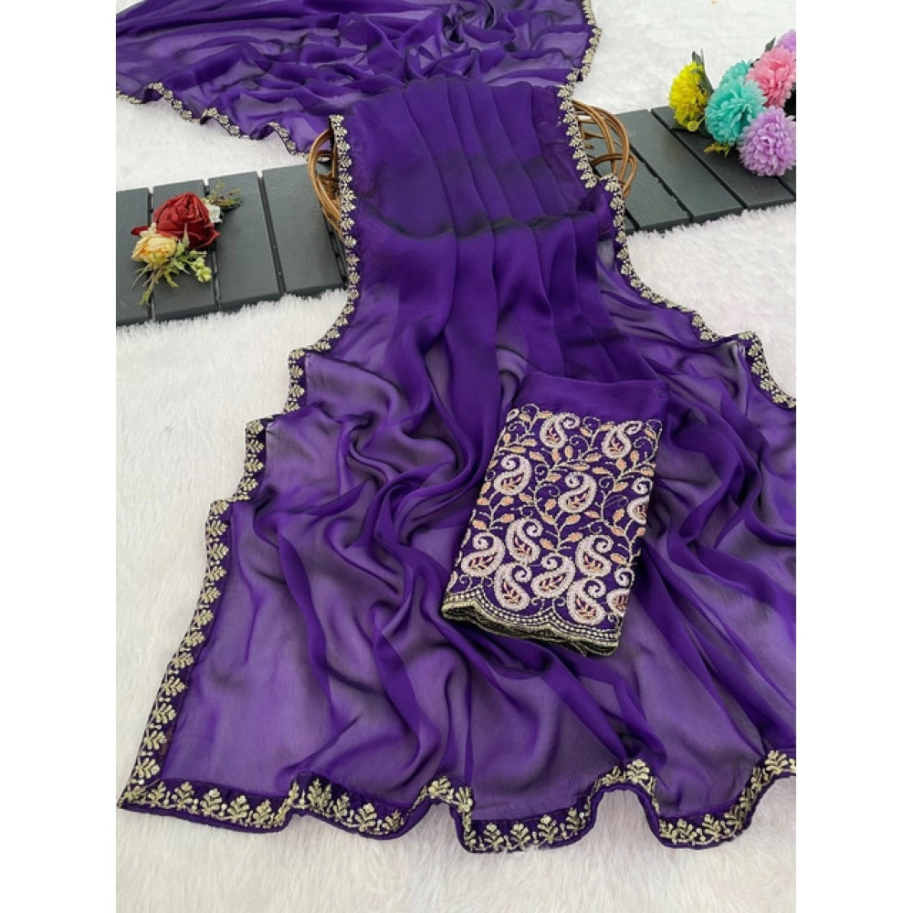 Women's Chiffon Embroidered Saree With Unstitched Blouse 5.5 Mtr�(Purple)