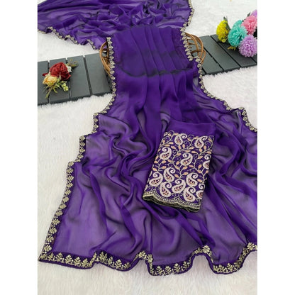 Women's Chiffon Embroidered Saree With Unstitched Blouse 5.5 Mtr�(Purple)