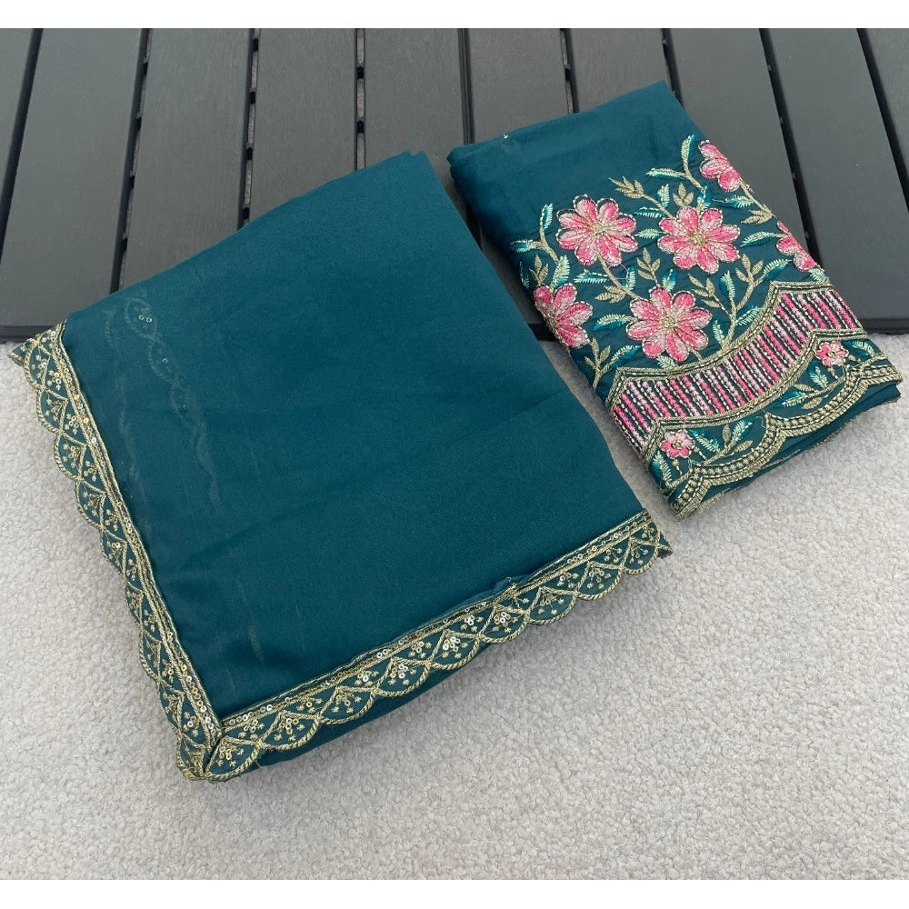 Women's Georgette Embellished Saree With Unstitched Blouse 5.5 Mtr�(Teal)