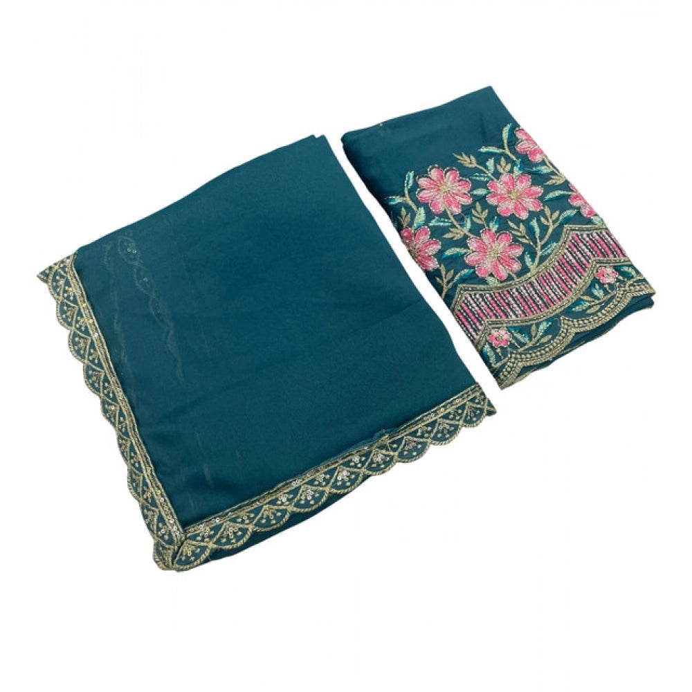 Women's Georgette Embellished Saree With Unstitched Blouse 5.5 Mtr�(Teal)