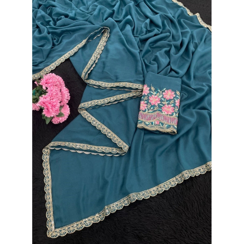 Women's Georgette Embellished Saree With Unstitched Blouse 5.5 Mtr�(Teal)