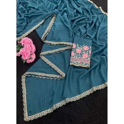 Women's Georgette Embellished Saree With Unstitched Blouse 5.5 Mtr�(Teal)