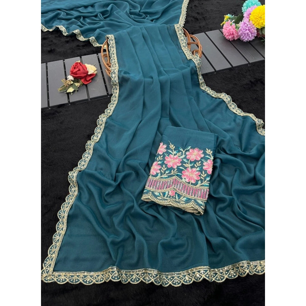 Women's Georgette Embellished Saree With Unstitched Blouse 5.5 Mtr�(Teal)