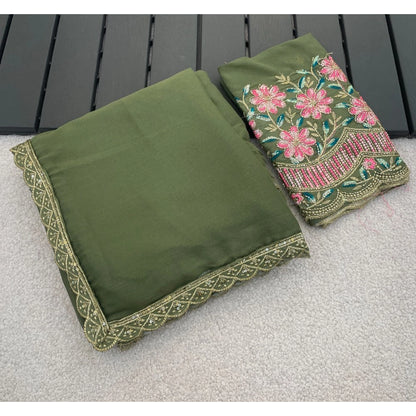 Women's Georgette Embellished Saree With Unstitched Blouse 5.5 Mtr�(Olive Green)