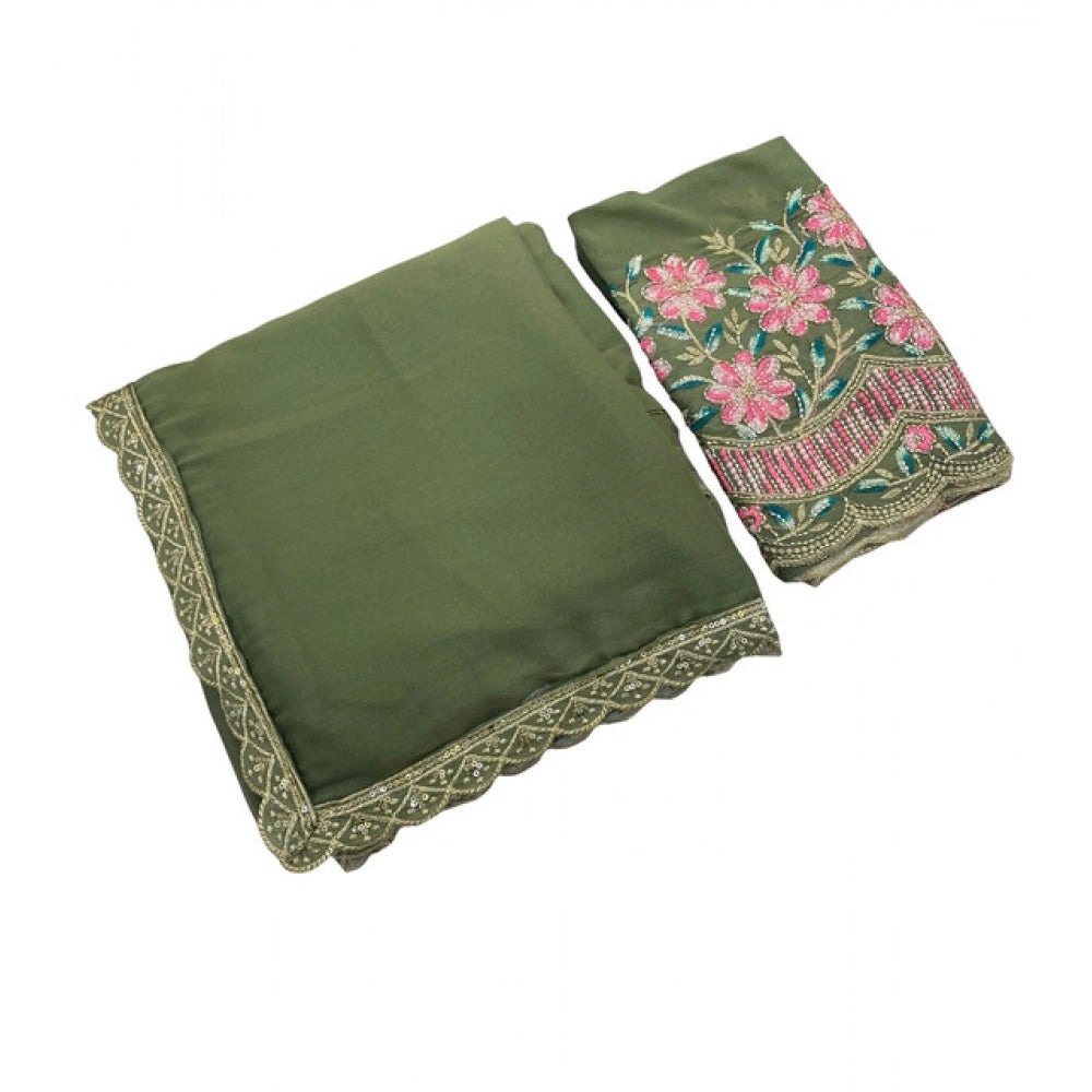 Women's Georgette Embellished Saree With Unstitched Blouse 5.5 Mtr�(Olive Green)