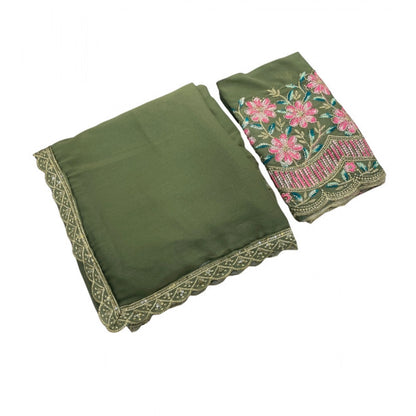 Women's Georgette Embellished Saree With Unstitched Blouse 5.5 Mtr�(Olive Green)