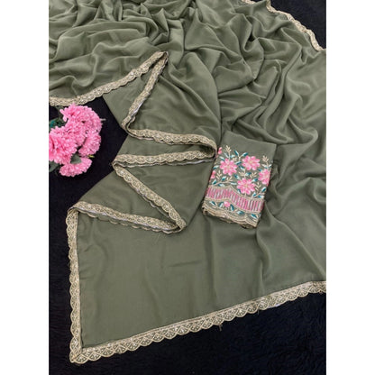 Women's Georgette Embellished Saree With Unstitched Blouse 5.5 Mtr�(Olive Green)