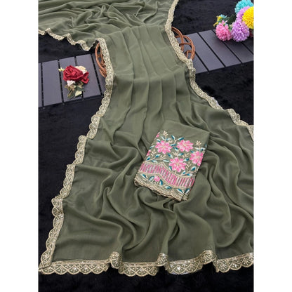 Women's Georgette Embellished Saree With Unstitched Blouse 5.5 Mtr�(Olive Green)