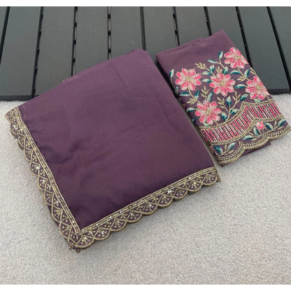 Women's Georgette Embellished Saree With Unstitched Blouse 5.5 Mtr�(Purple)