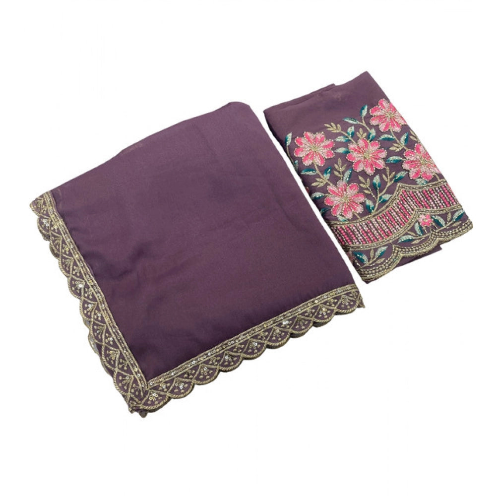 Women's Georgette Embellished Saree With Unstitched Blouse 5.5 Mtr�(Purple)