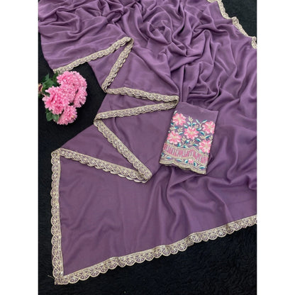 Women's Georgette Embellished Saree With Unstitched Blouse 5.5 Mtr�(Purple)