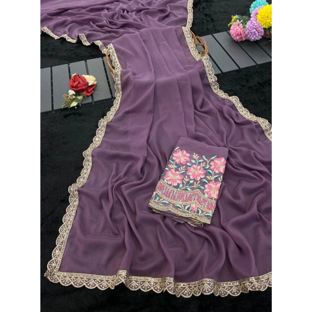 Women's Georgette Embellished Saree With Unstitched Blouse 5.5 Mtr�(Purple)