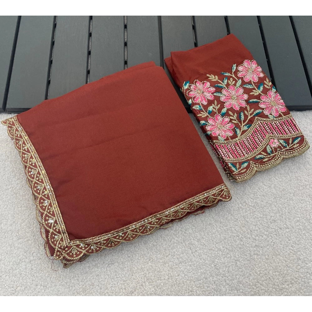 Women's Georgette Embellished Saree With Unstitched Blouse 5.5 Mtr�(Brown)