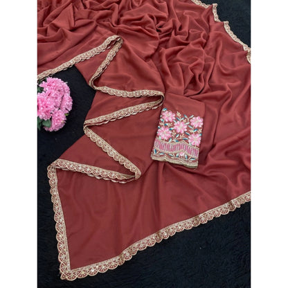 Women's Georgette Embellished Saree With Unstitched Blouse 5.5 Mtr�(Brown)
