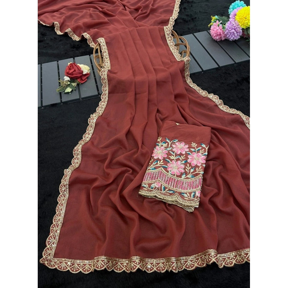 Women's Georgette Embellished Saree With Unstitched Blouse 5.5 Mtr�(Brown)