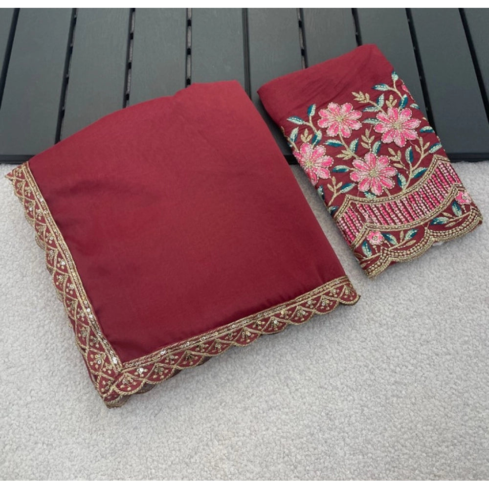 Women's Georgette Embellished Saree With Unstitched Blouse 5.5 Mtr�(Maroon)