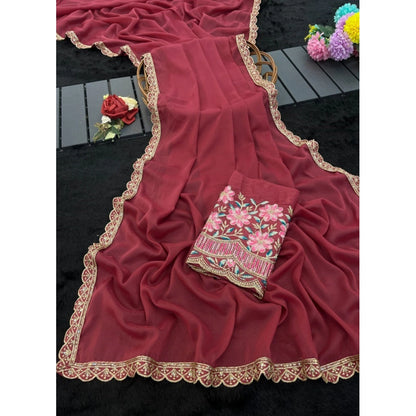 Women's Georgette Embellished Saree With Unstitched Blouse 5.5 Mtr�(Maroon)