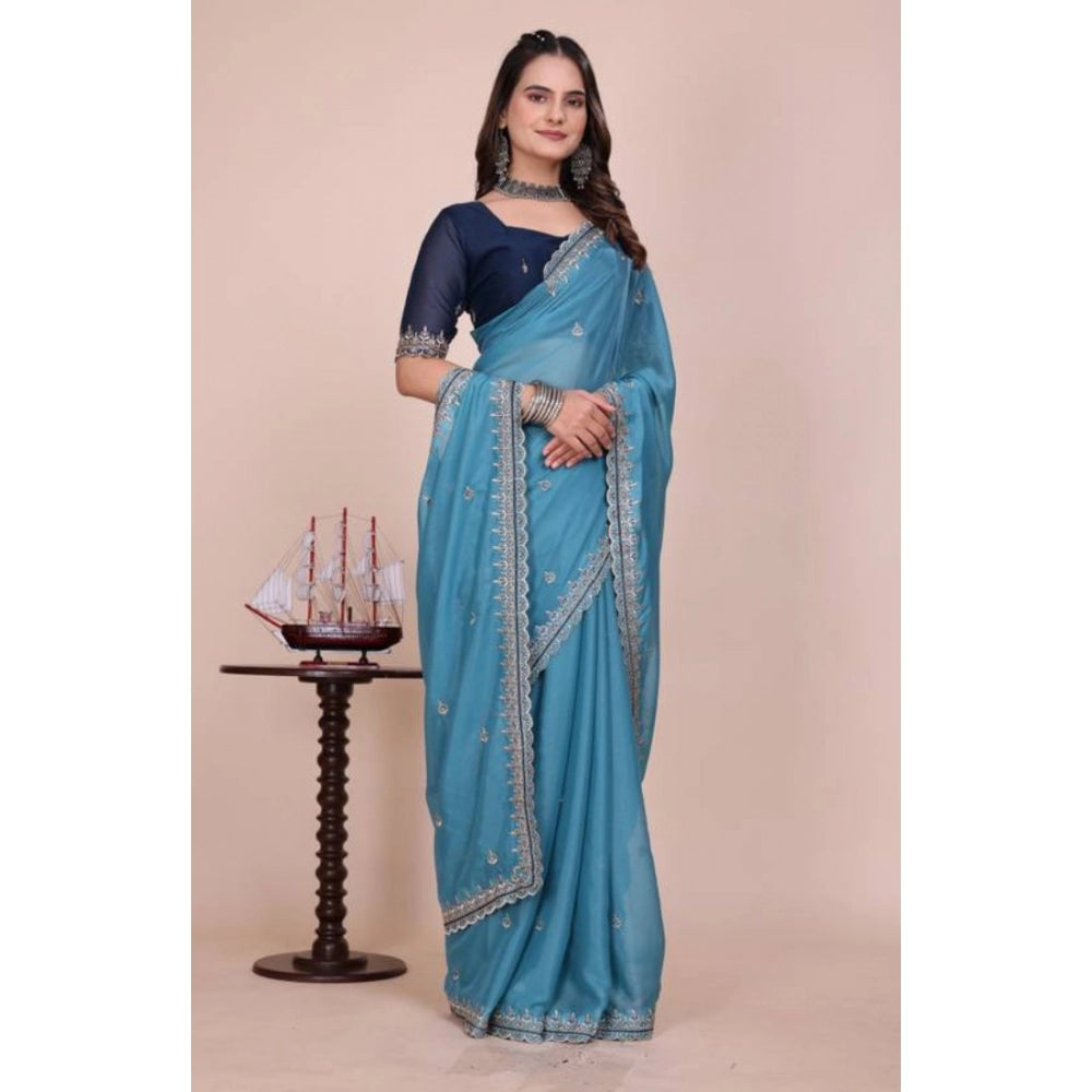 Women's Georgette Embellished Saree With Unstitched Blouse 5.5 Mtr�(Aqua Blue)