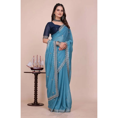 Women's Georgette Embellished Saree With Unstitched Blouse 5.5 Mtr�(Aqua Blue)
