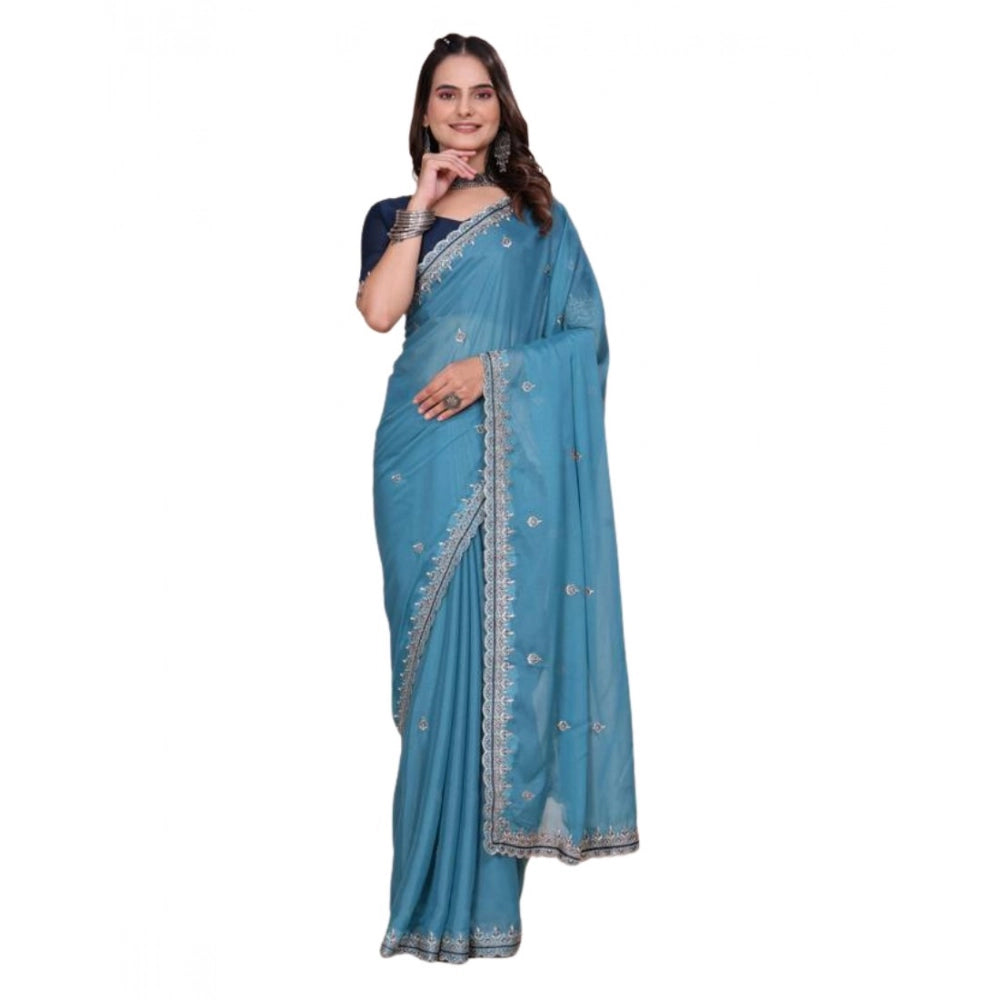 Women's Georgette Embellished Saree With Unstitched Blouse 5.5 Mtr�(Aqua Blue)