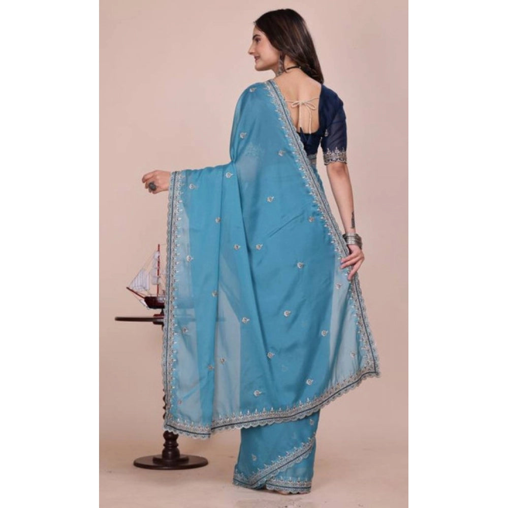 Women's Georgette Embellished Saree With Unstitched Blouse 5.5 Mtr�(Aqua Blue)