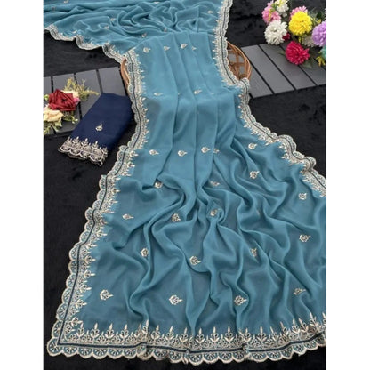 Women's Georgette Embellished Saree With Unstitched Blouse 5.5 Mtr�(Aqua Blue)