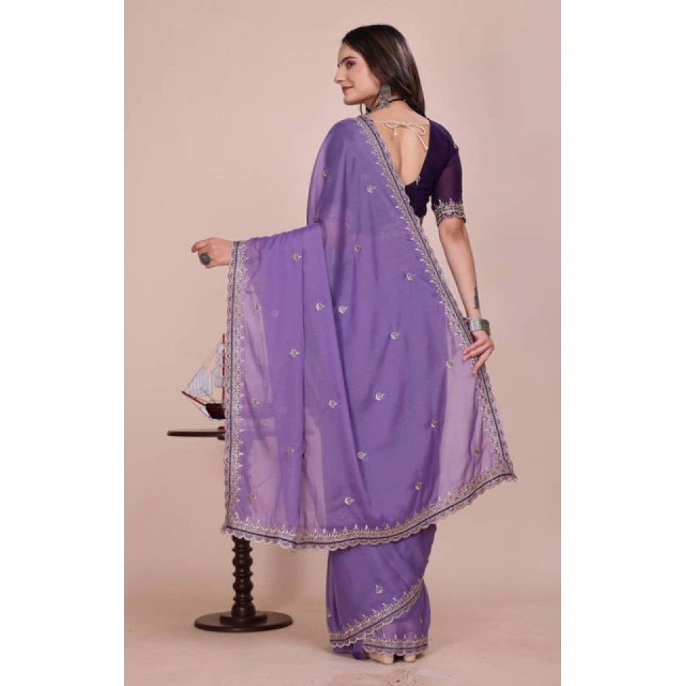 Women's Georgette Embellished Saree With Unstitched Blouse 5.5 Mtr�(Purple)