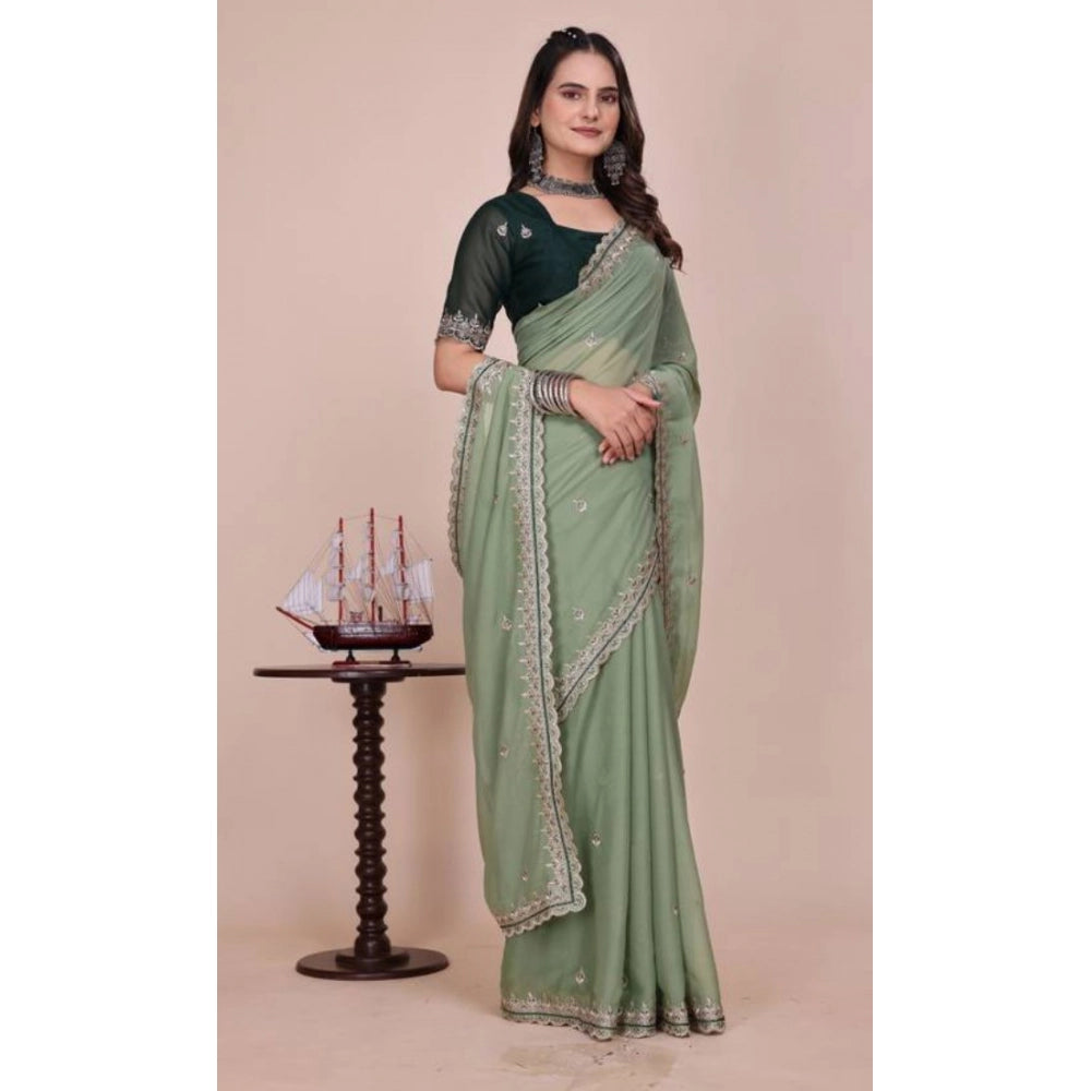 Women's Georgette Embellished Saree With Unstitched Blouse 5.5 Mtr�(Pista Green)