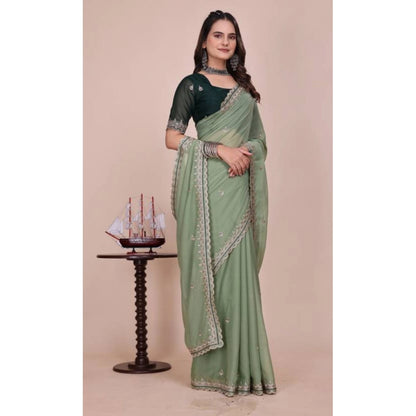Women's Georgette Embellished Saree With Unstitched Blouse 5.5 Mtr�(Pista Green)