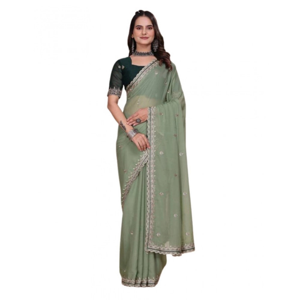 Women's Georgette Embellished Saree With Unstitched Blouse 5.5 Mtr�(Pista Green)