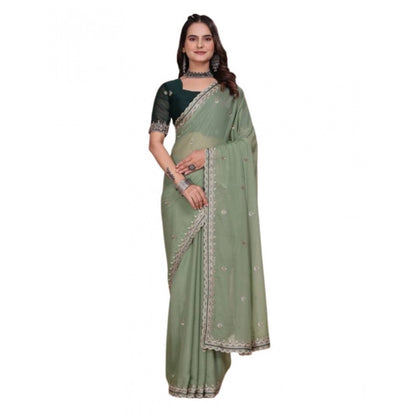 Women's Georgette Embellished Saree With Unstitched Blouse 5.5 Mtr�(Pista Green)