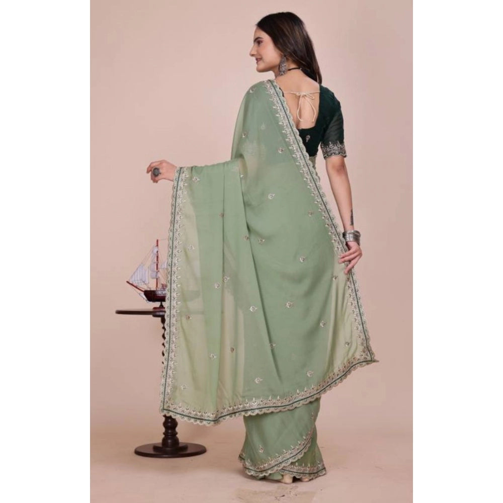 Women's Georgette Embellished Saree With Unstitched Blouse 5.5 Mtr�(Pista Green)