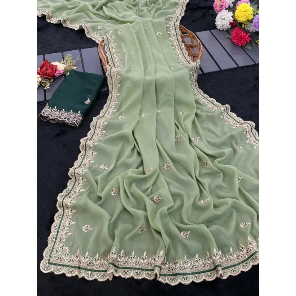 Women's Georgette Embellished Saree With Unstitched Blouse 5.5 Mtr�(Pista Green)
