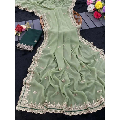 Women's Georgette Embellished Saree With Unstitched Blouse 5.5 Mtr�(Pista Green)