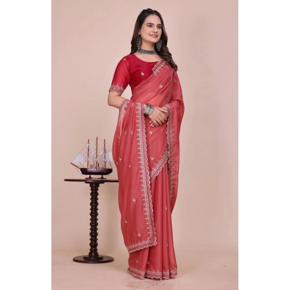 Women's Georgette Embellished Saree With Unstitched Blouse 5.5 Mtr�(Coral Red)