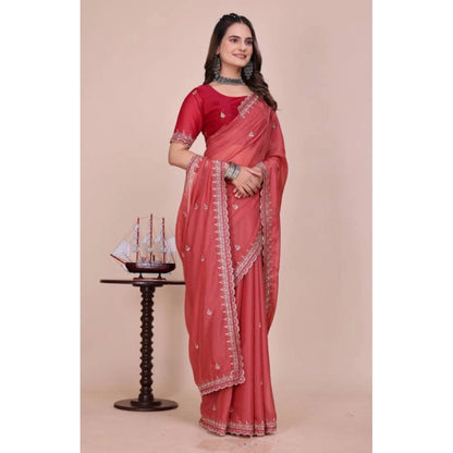 Women's Georgette Embellished Saree With Unstitched Blouse 5.5 Mtr�(Coral Red)