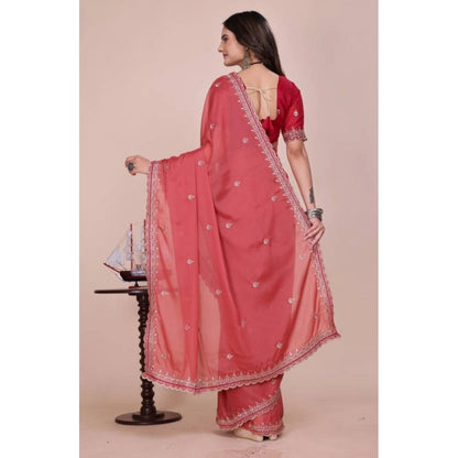 Women's Georgette Embellished Saree With Unstitched Blouse 5.5 Mtr�(Coral Red)