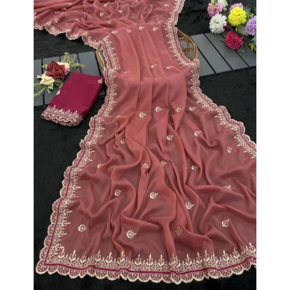 Women's Georgette Embellished Saree With Unstitched Blouse 5.5 Mtr�(Coral Red)