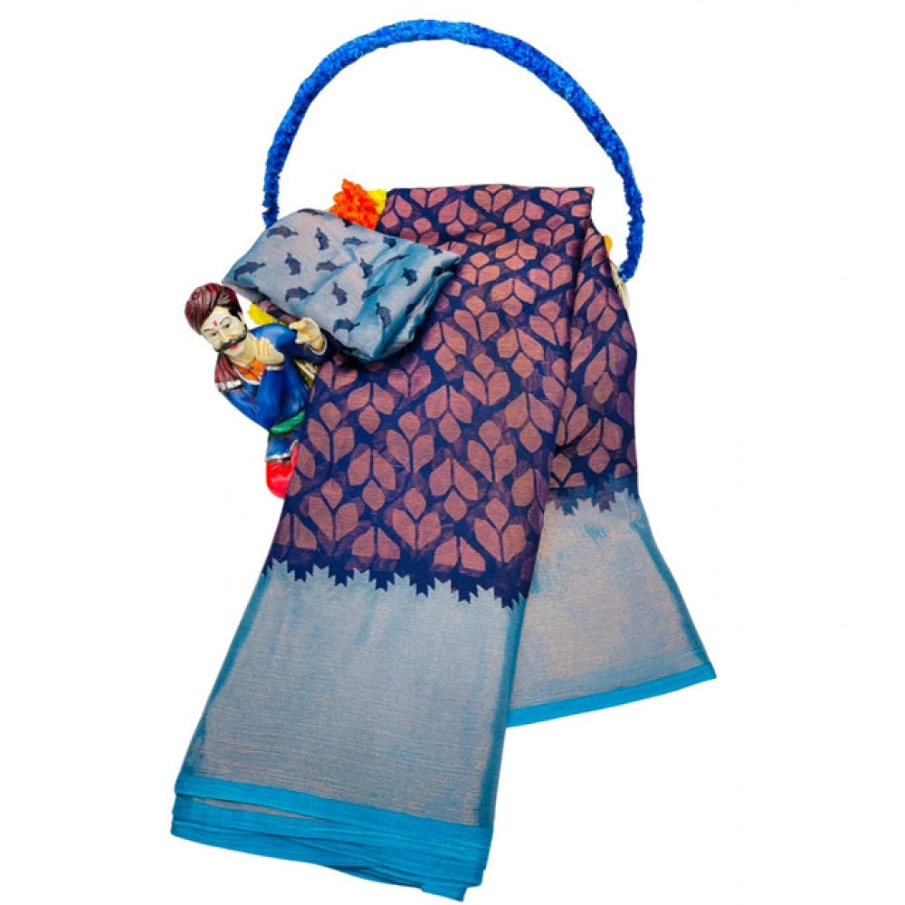 Women's Brasso Printed Saree With Unstitched Blouse 5.5 Mtr (Navy blue)