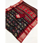 Women's Dola Silk Printed Saree With Unstitched Blouse 5.5 Mtr (BLACK)